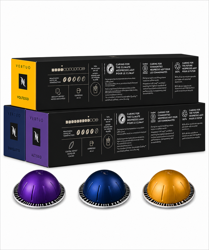 Nespresso Vertuo Coffee Pods Espresso Variety Pack 30 Capsules (3 Sleeves) – Altissio, Diavolitto & Voltesso