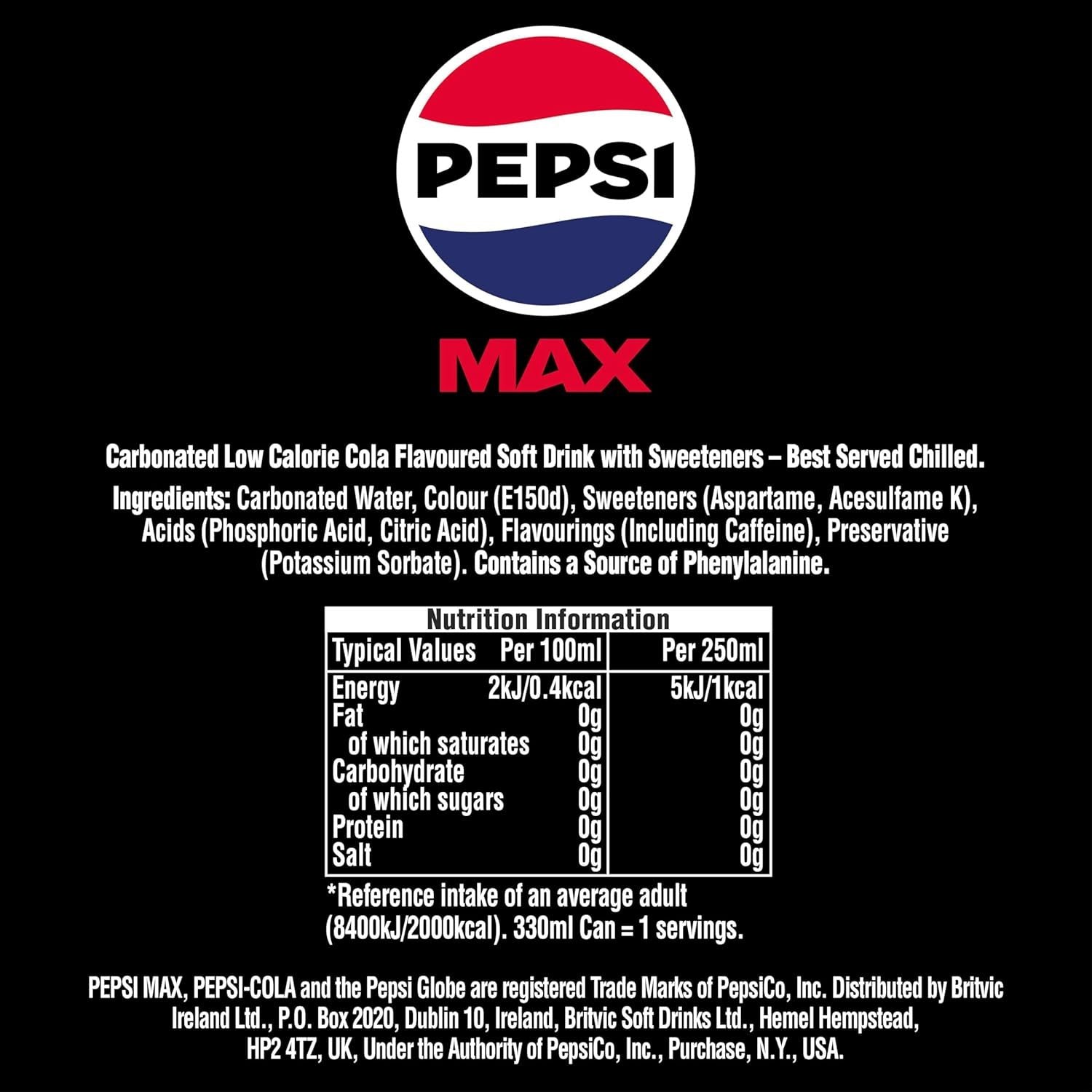Pepsi Max No Sugar 330ml Cans