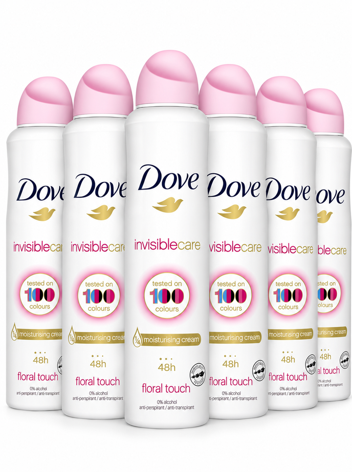 Dove Invisible Care Anti-perspirant Aerosol pack of 6 with ¼ moisturising cream deodorant that leaves no white marks 250 ml