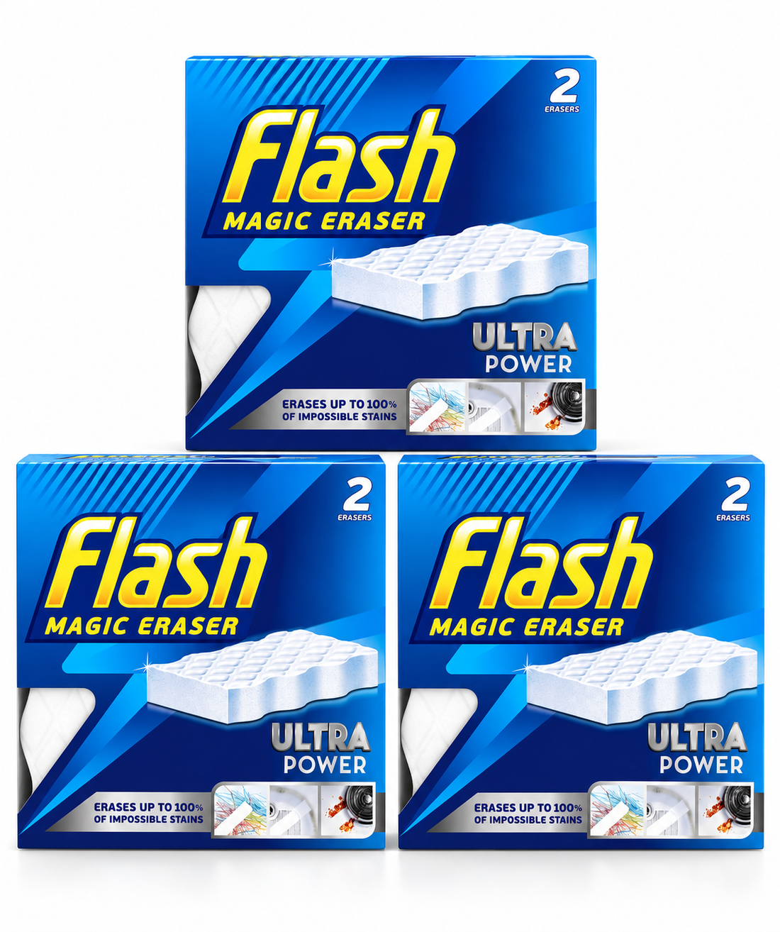 Flash Magic Eraser Ultra Power Cleaning Sponges – Pack of 3, 6 Erasers Total