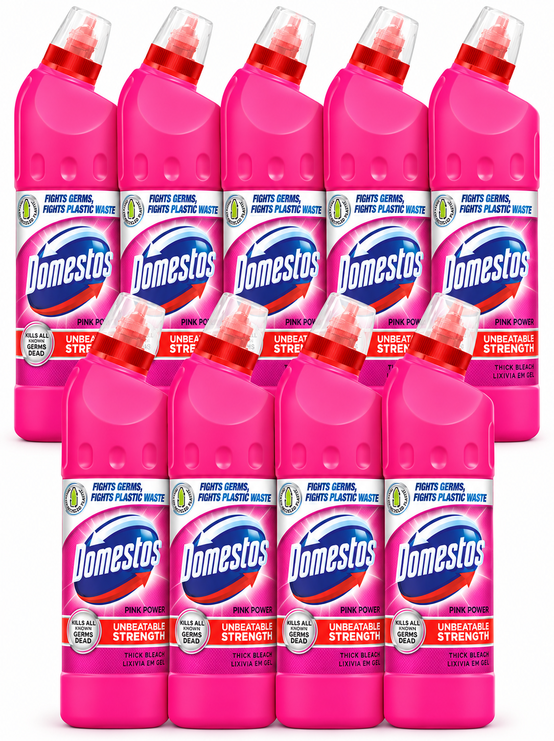 Domestos Thick Bleach Pink (Pack Of 9)Power Multi-Purpose Disinfectant Anti-Bacterial Surface Cleaner Gel Limescale Remover for Toilet, Bathroom and Kitchen, 750ml