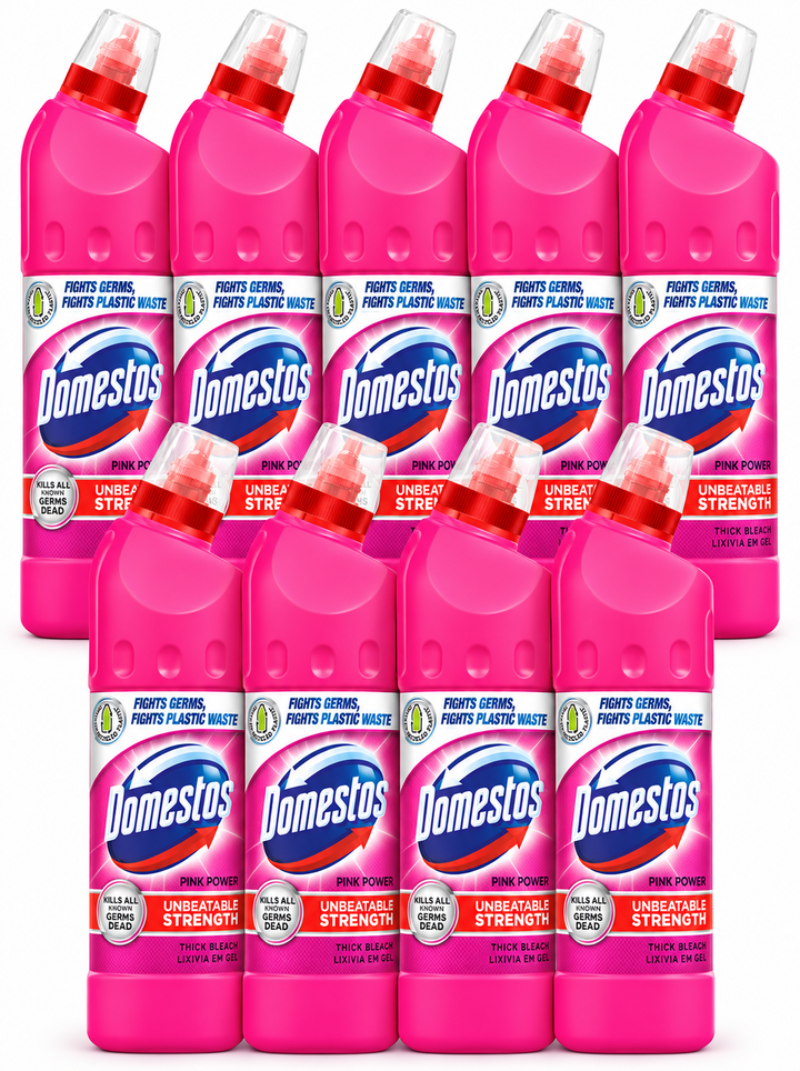 Domestos Thick Bleach Pink (Pack Of 9)Power Multi-Purpose Disinfectant Anti-Bacterial Surface Cleaner Gel Limescale Remover for Toilet, Bathroom and Kitchen, 750ml