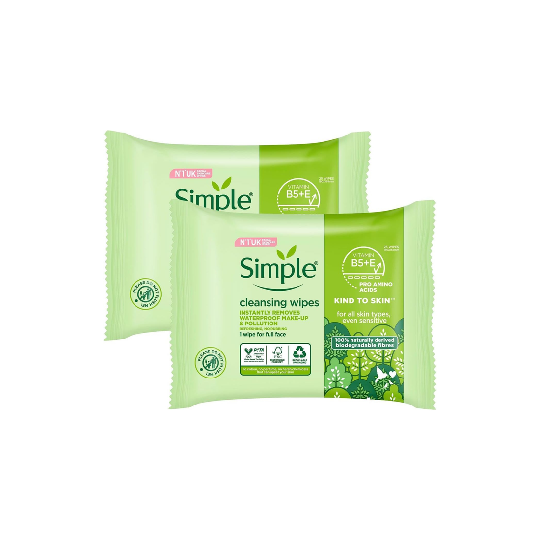 Simple Kind to Skin Cleansing Wipes Bio-degradable, 25 wipes (Pack Of 2)
