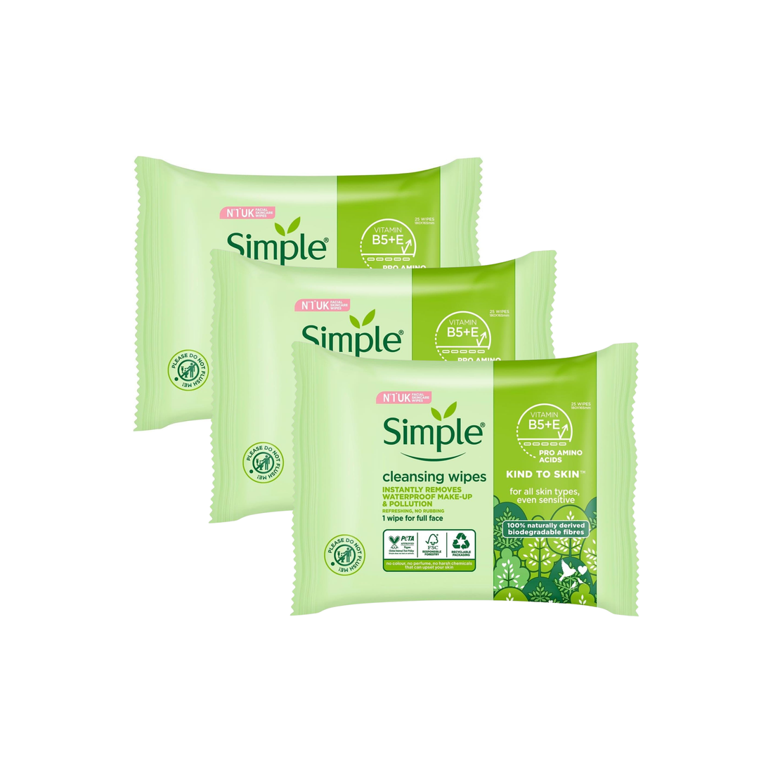 Simple Kind to Skin Cleansing Wipes Bio-degradable, 25 wipes (Pack Of 3)