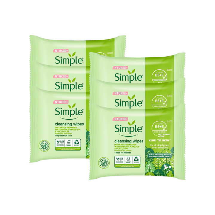 Simple Kind to Skin Cleansing Wipes Bio-degradable, 25 wipes (Pack Of 6)