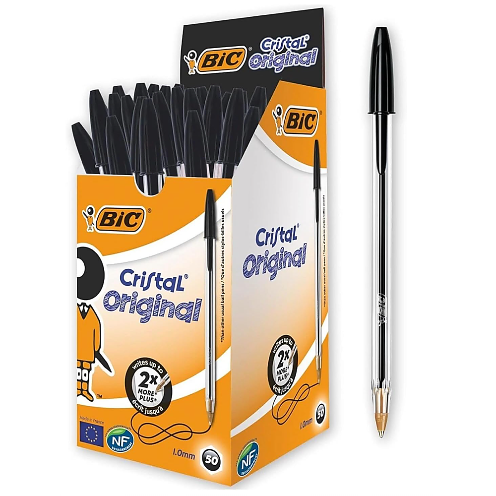 BIC Cristal Original Smudge Free Ballpoint Pens, Ideal for School, Black, Medium Point (1.0mm), Pack of 50