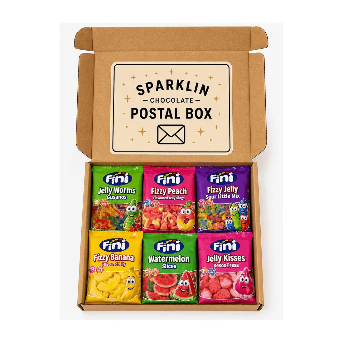 Fini Sweets Gift Postal Box – Jelly Worms, Fizzy Peach Rings, Sour Mix, Banana, Watermelon & Jelly Kisses Candy Variety Pack