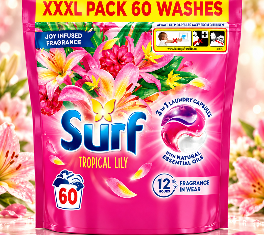 Surf 3 in 1 Tropical Lily Laundry Washing Detergent Capsules, (60 Washes), Joy-Infused Fragrance, Brilliant Cleaning Performance